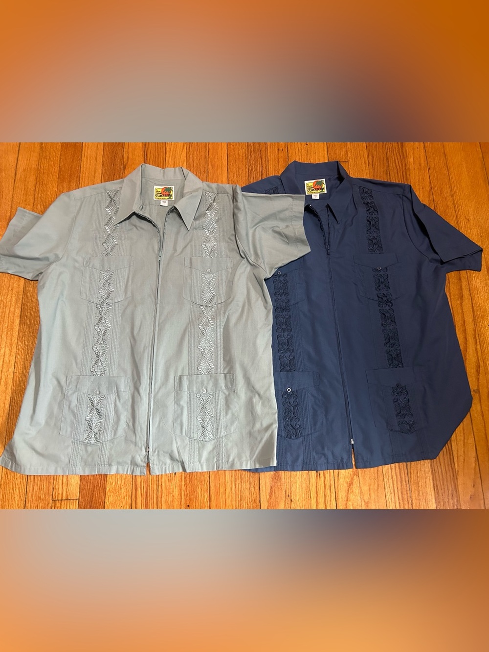 2‎ Guayabera Pleated Pocket Zip Up Shirt Large Cotton Blend Teal And Navy